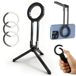 Bilashmart Alloy Magnetic Phone Tripod Foldable Portable Stand Carabiner Mounted Desk Support with 3 Magnetic Rings iPhone 14 15 Xiaomi
