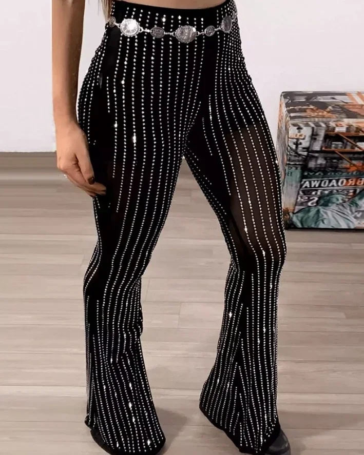 

Bling Sparkly Pants for Women Sheer Mesh Rhinestone Decor High Waist Skinny Flared Pants Christmas Stage Trousers Party Club