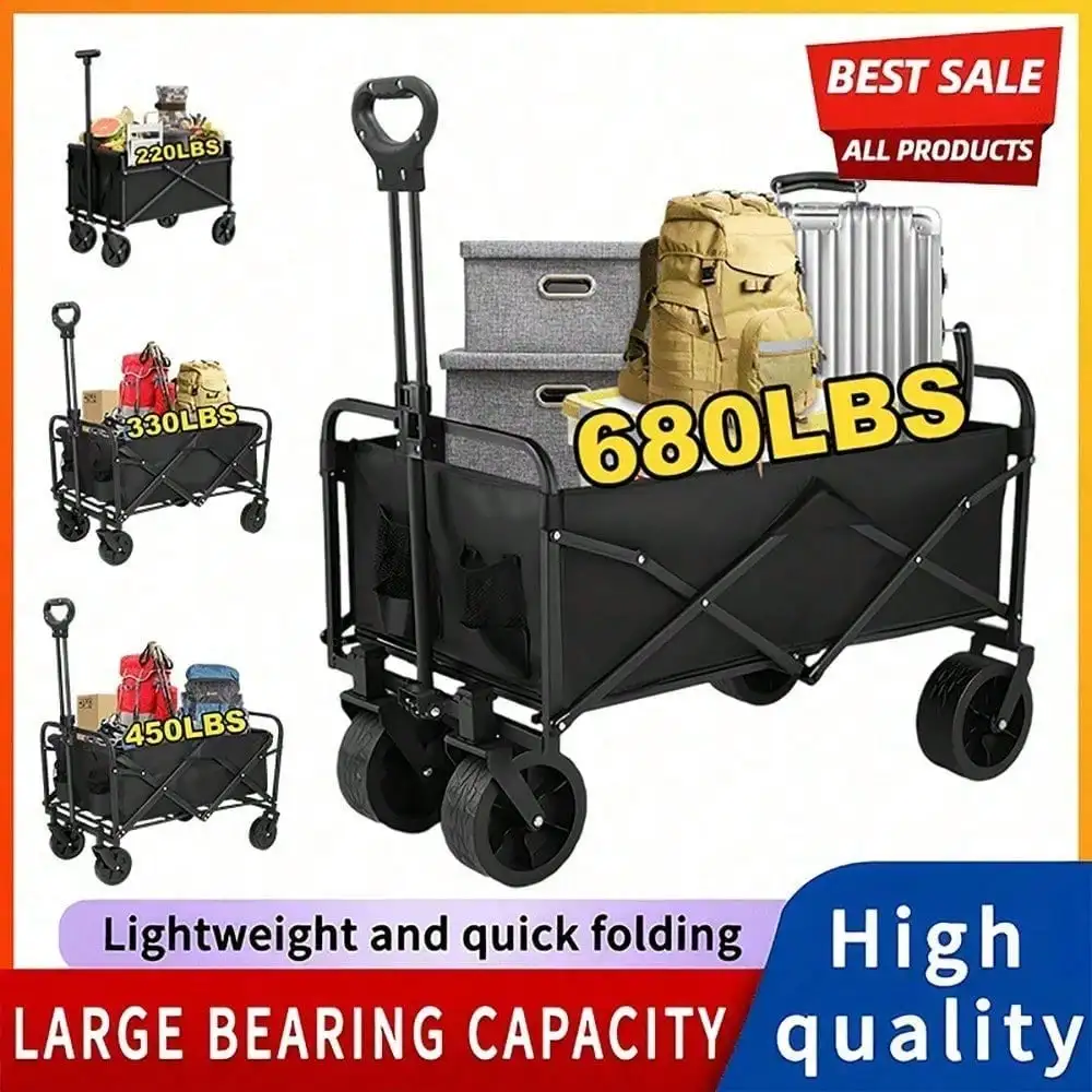 

680 Lbs Heavy Duty Practical Fully Foldable Cart, Large Capacity Camper Suitable For Yard Shopping/ Sports/ Outdoor/ Gardening Equipment Transport, Black Multi-Purpose Tool Cart, Outdoor Utility Cart, Foldable Design, Heavyduty Cart