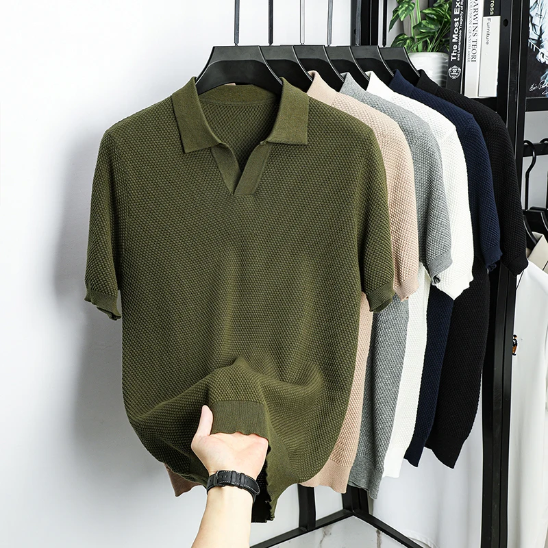 100 Baumwolle High-End-Marke männer Revers Kurzarm T-Shirt Sommer Neue Einfarbig Kleine V-ausschnitt Mode Business freizeit Männer derbekleidung – Detail 9