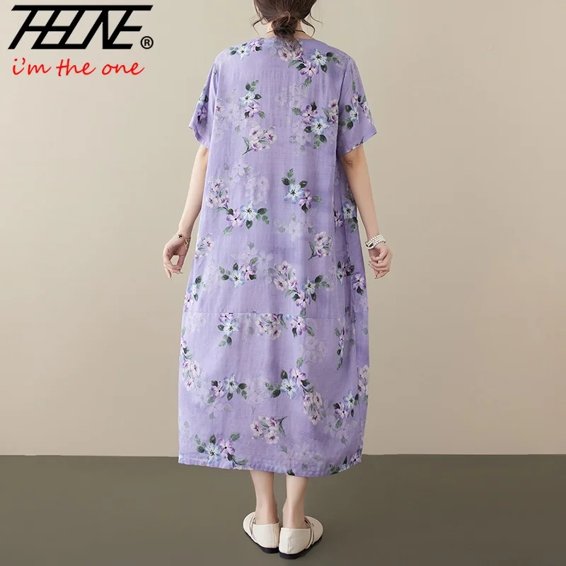 Vestido De verano De lino y algodón para Mujer, Ropa femenina con estampado Floral, estilo bohemio, holgado e informal, con cuello redondo, 2023