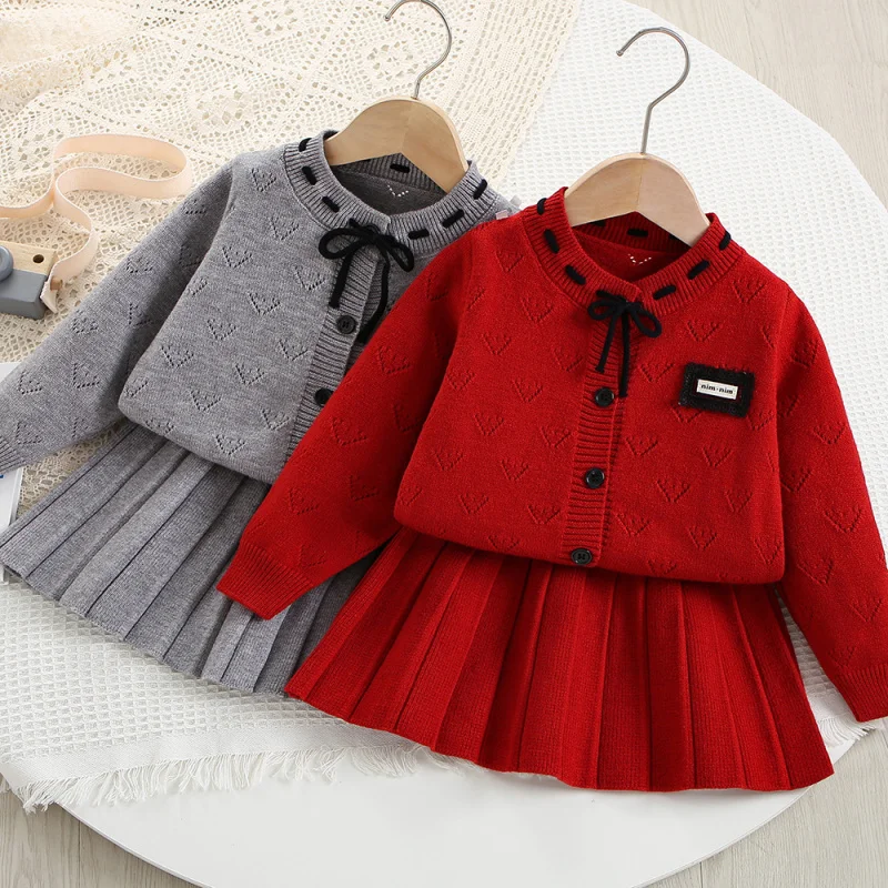 Girls Sweater Set Autumn Winter New Knitted Cardigan Stylish Baby Girl Long Sleeve Pleated Skirt Children's Two-Piece Set