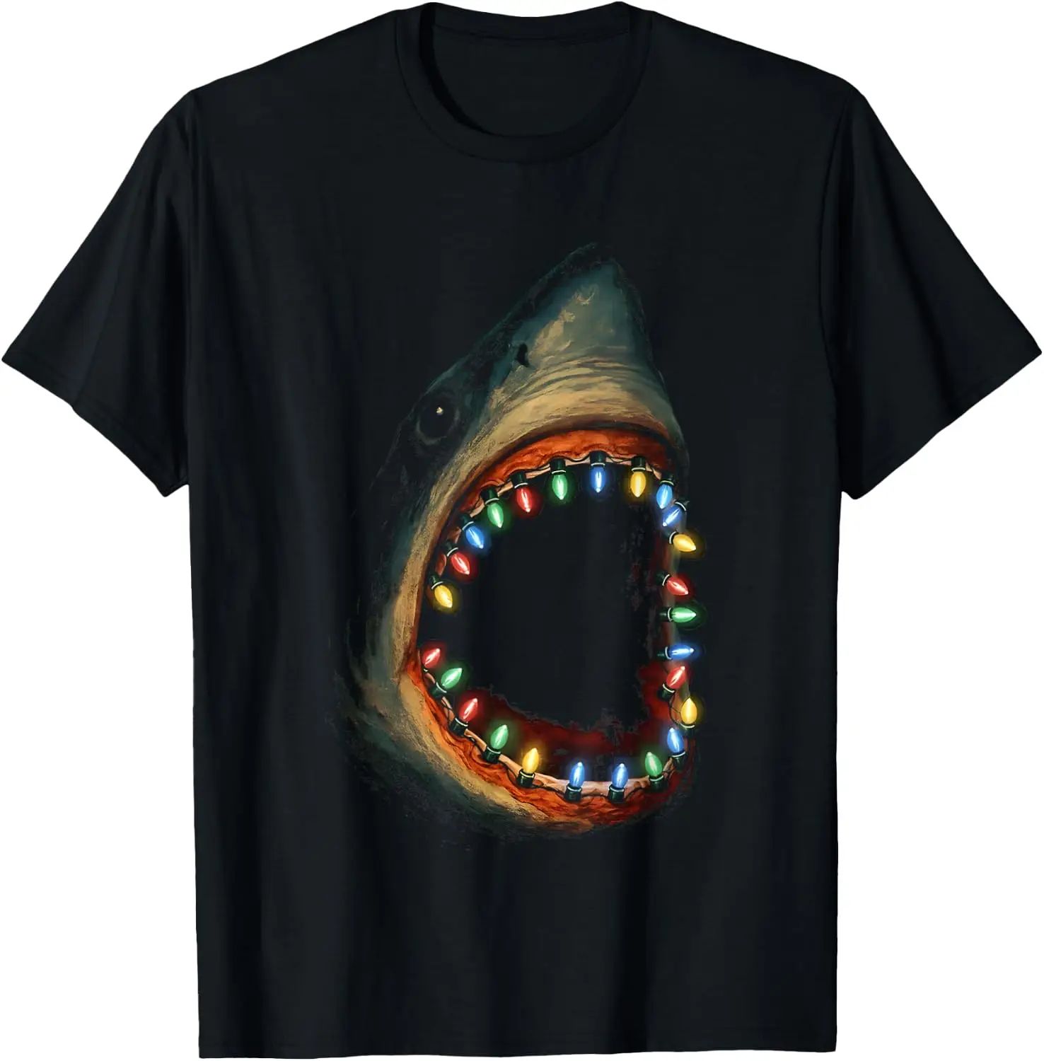 Funny Shark Teeth Christmas Lights T-Shirt Breathable, heavyweight pure cotton short-sleeve top—stylish, plus-size, and suitable for year-round wear with a sporty, casual vibe
