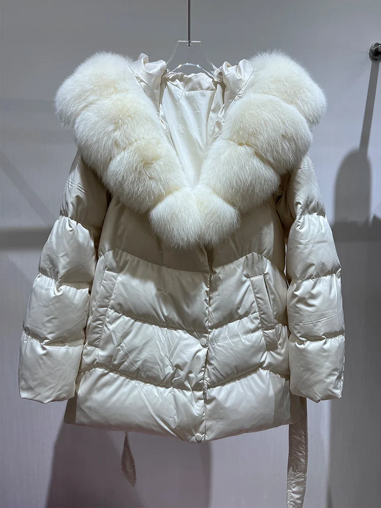 2025 moda inverno feminino 90% ganso para baixo jaqueta natural gola de pele de raposa real com capuz grosso quente luxo pele puffer parka casaco