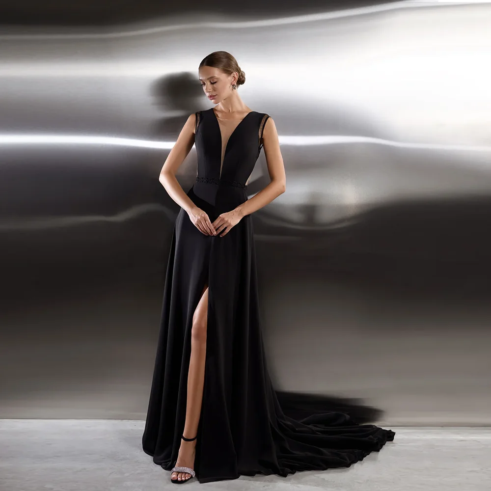 

Sheer Neck Satin Split Court Formal Prom Party Dress A-line Bridal Illusion Back with Lace Prom Cocktail Gown Vestidos De Novia