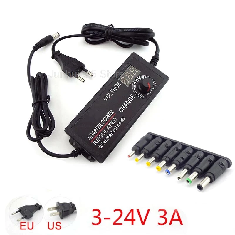 

Adjustable AC to DC 3V-24V 3A 3000ma Universal Adapter with Display Screen Voltage Regulated 8 Tips DC Power Supply Connector B5