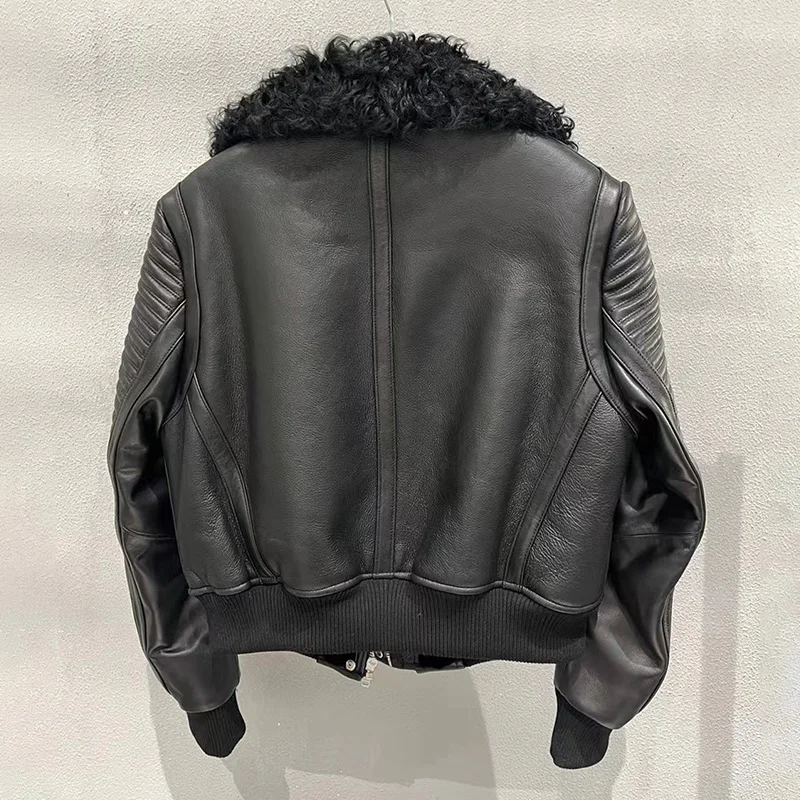 Women New Style Leather Jackets Lady 2023 Fashion Bomber Jackets Sheepskin With Lamb Fur Collar Autumn Winter Coats GT5087