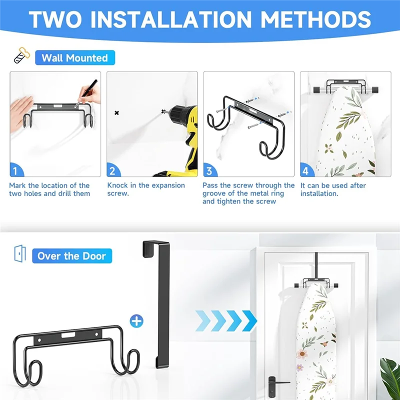 Ironing Board Hanger With Removable Hook, Wall Mount& Over The Door Holder Organizer Rack