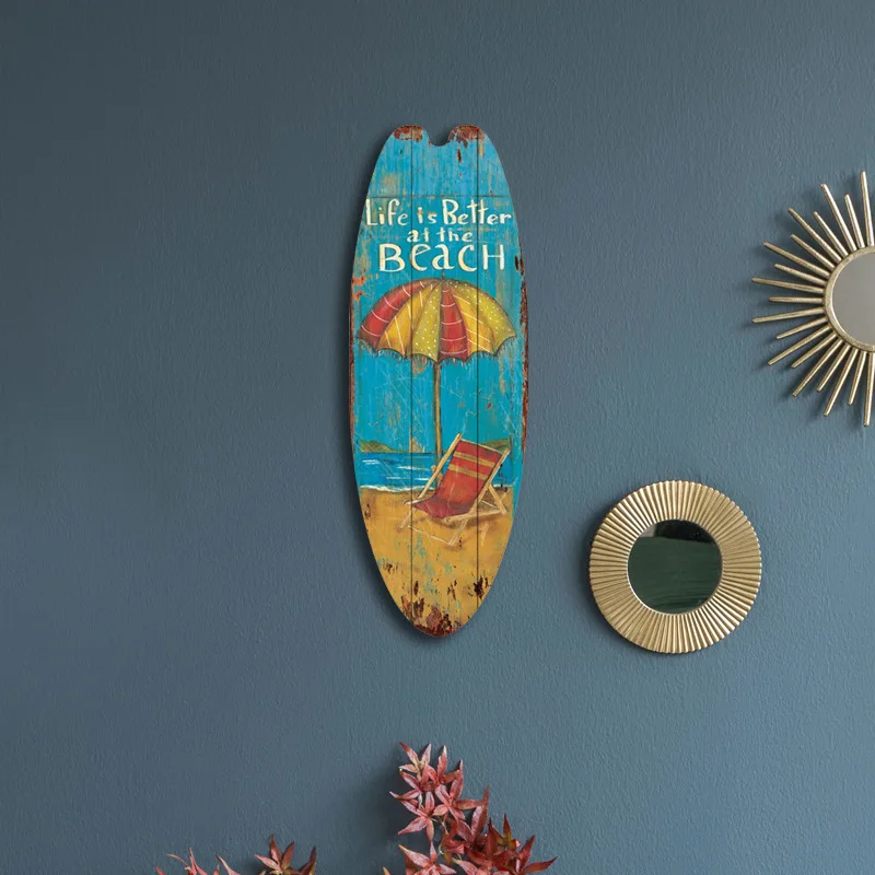 Vintage Wooden Surfboard Hanging Decoration，Surf Themed Room Decoration，Hawaiian Style Retro Beach Surfboard Ornament，with Hook