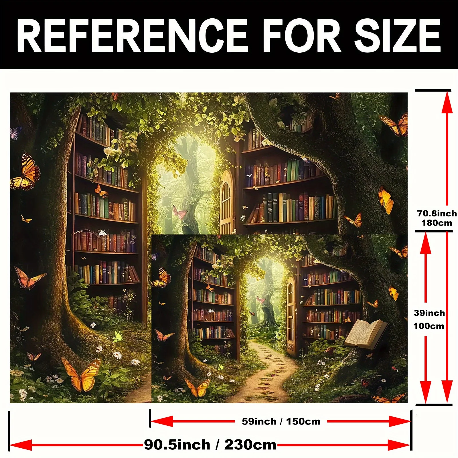1 piece, Magic Forest Library background banner - Fairy Tale World theme, with bookshelf, butterflies and flowers view 4