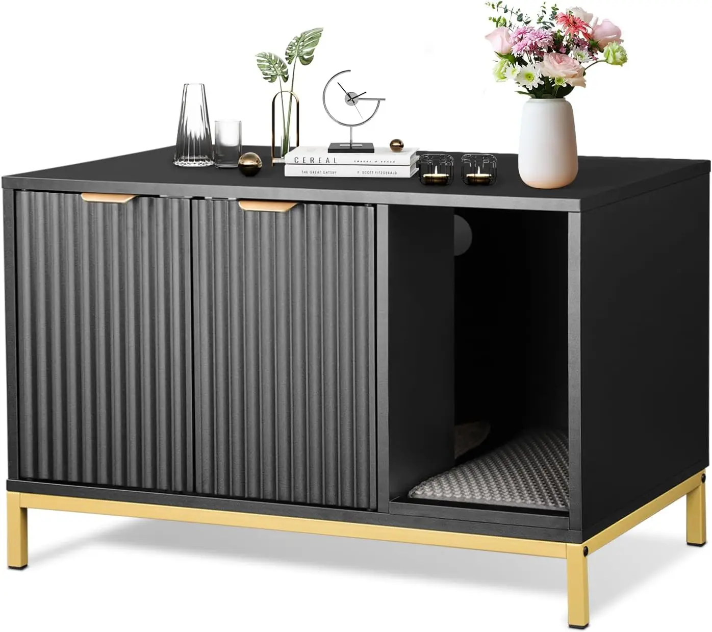 Hidden Cat Litter Box Enclosure Furniture Metal Legs Side End Table Indoor Cat House Storage Cabinet 31 5 X 19 7 X 20 Inches Bla