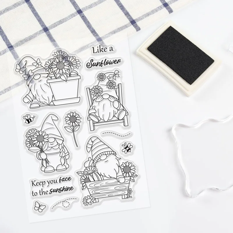 1Sheet Gnome Dwarf Silicone Clear Stamp Butterfly and Bee Flower Transparent Silicone Stamp Sunflower Clear Stamp for Scrapbook