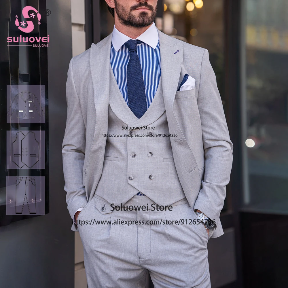 Mode leicht grau Slim Fit Anzüge für Männer 3 Stück Hosen Set formelle Bräutigam Hochzeit Abendessen Smoking Blazer Kostüm Homme Pour Mariage