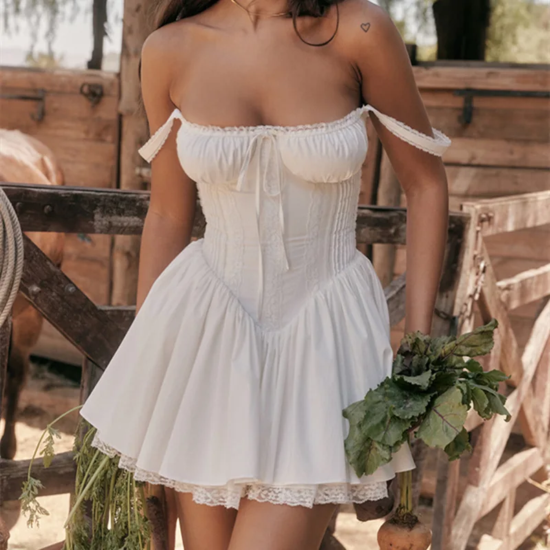 2024 Summer Women Lace Panel A-line Dress White Coquette Party Holiday Sleeveless Mini Corset Dresses Elegant Sweet Robe