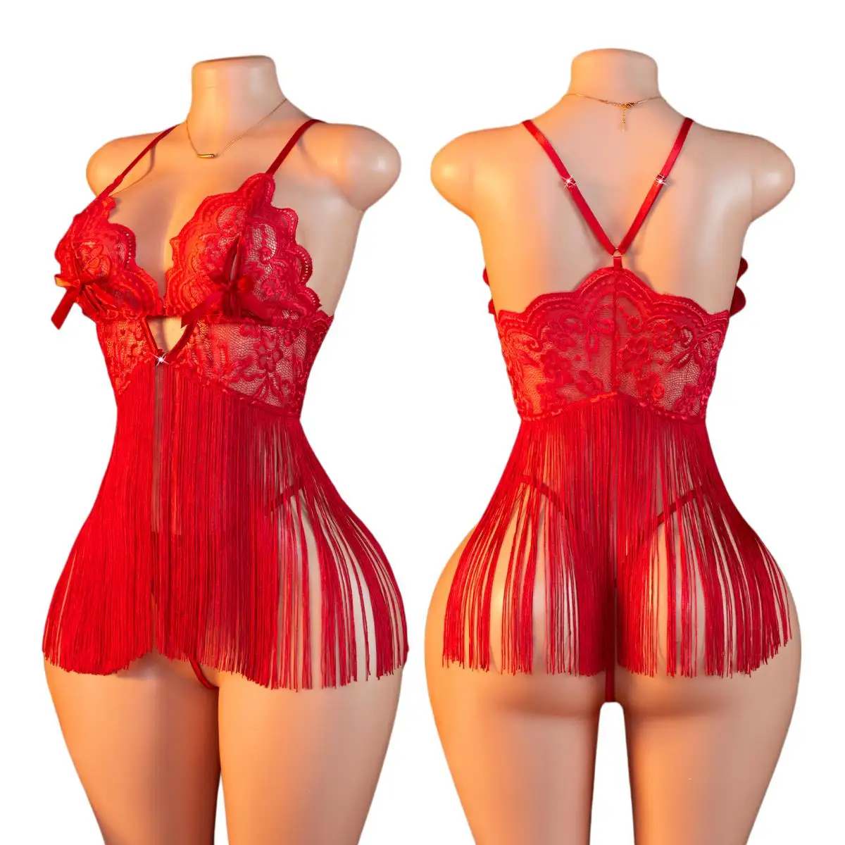 Red Hollow Out Erotic Lingerie Set Sexy Lace Teddy Babydoll For Women Sultry V Neck Cami With Tassel Fringe Skirt And Thong