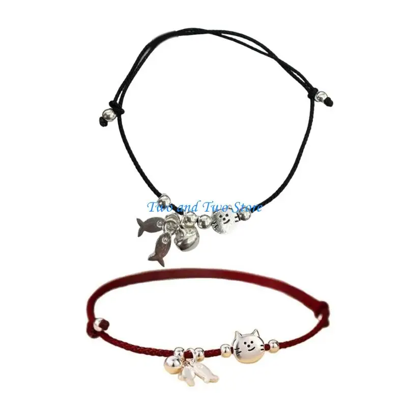 

HX6F Pair Of Black Red String Bracelets Featuring Cats Fish Couple Bestie Gift