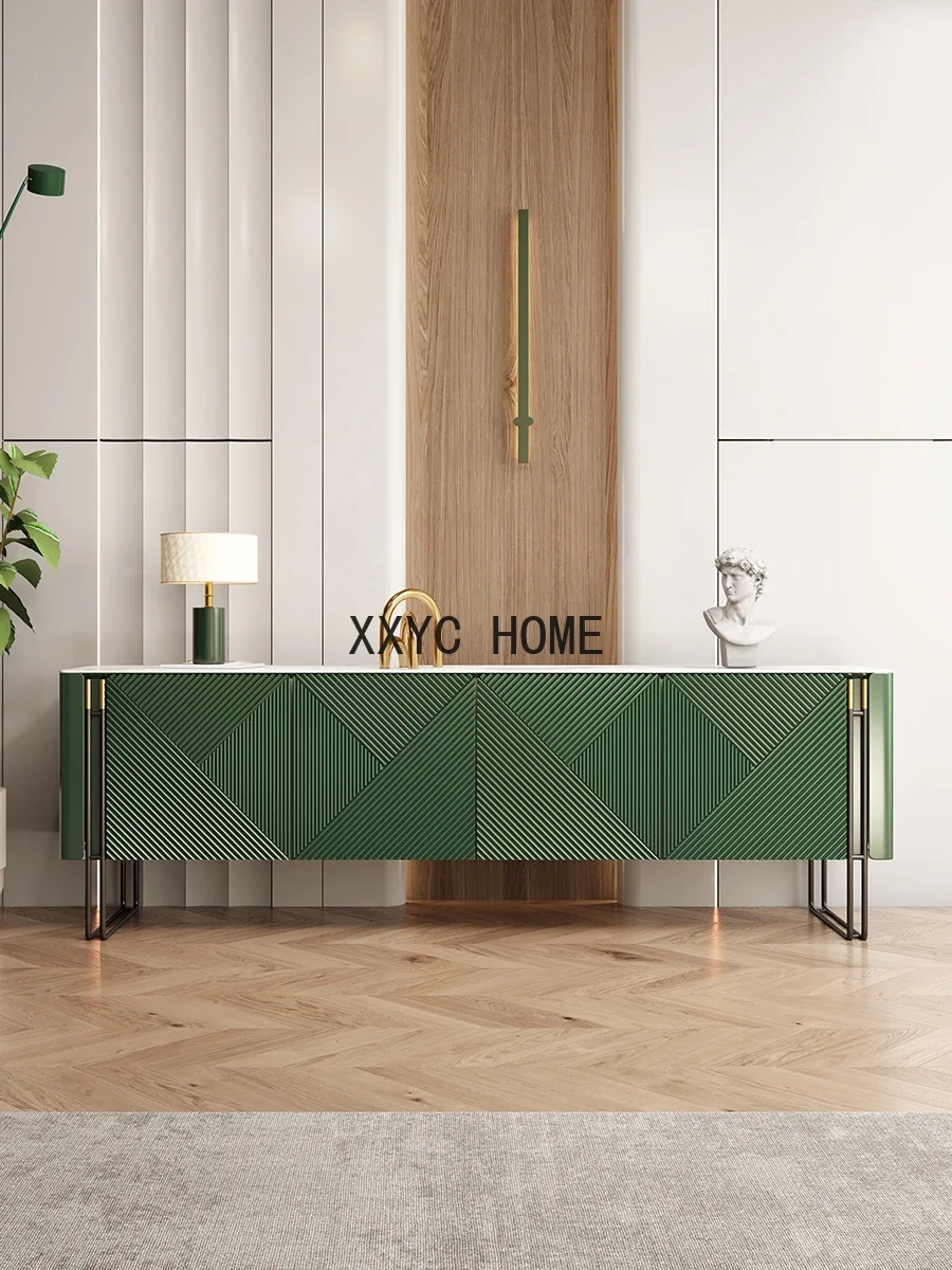 Light Luxury TV Cabinet and Tea Table Combination Living Room Stone Plate Floor Cabinet Modern Simple Dark Green High Style