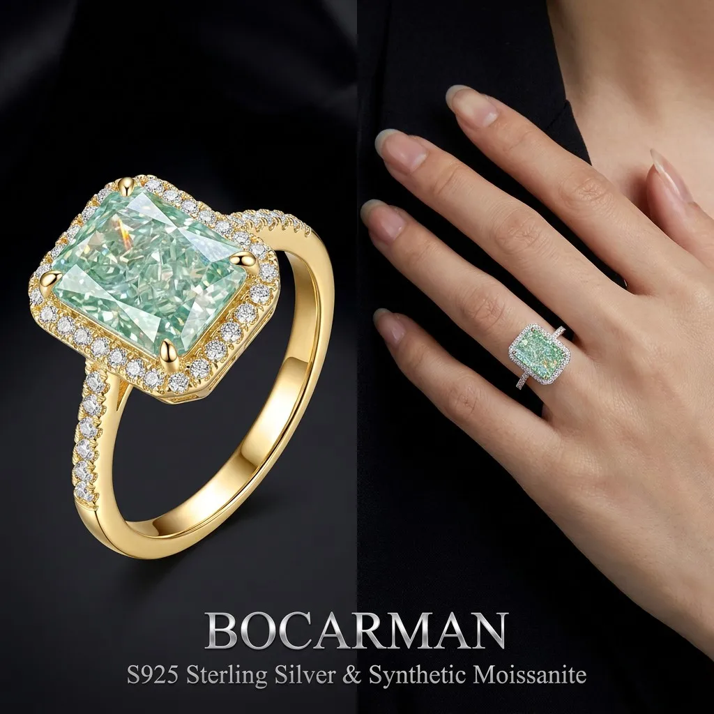 Bocarman Sleek Rectangular Glamorous Accessory Ring S925 Silver Mint Green Zircon Ice Cut Refined Everyday Chic