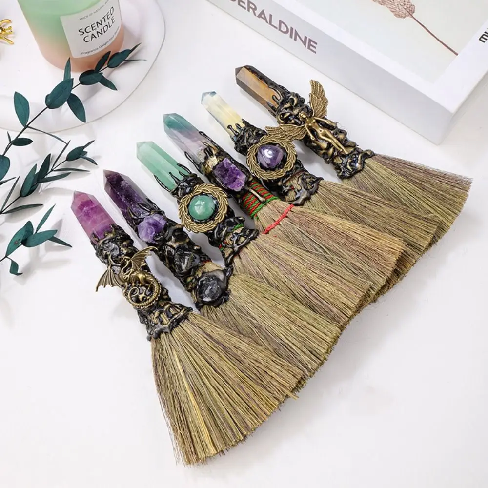 Natural Crystal Column Point Stone Broom Rough Stone Handmade Witch Broom Ornaments Mini Broom Craft Study