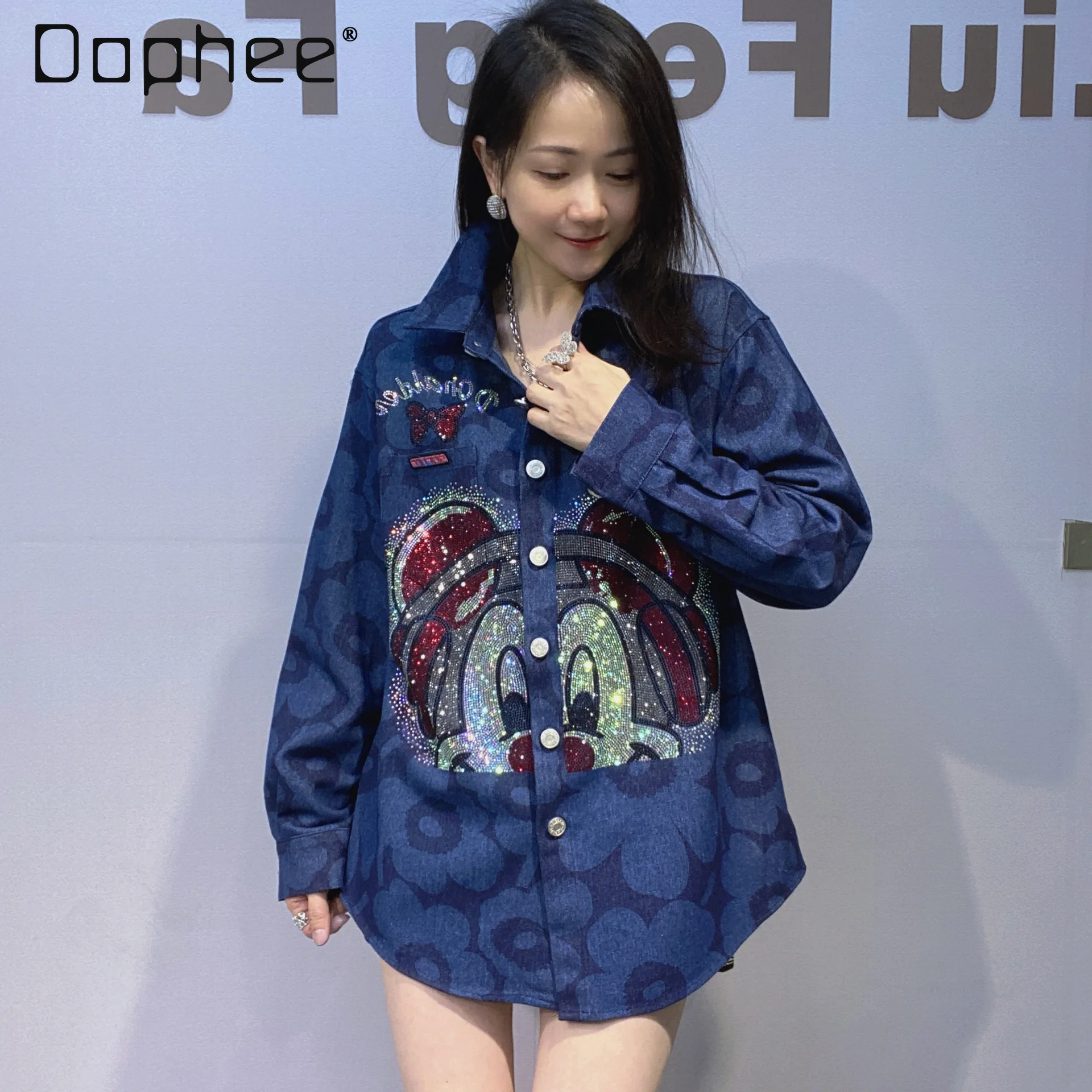 

Dark Blue Printed Denim Shirt for Women Autumn New Heavy Rhinestone Cartoon Loose Long Sleeve Denim Jacket