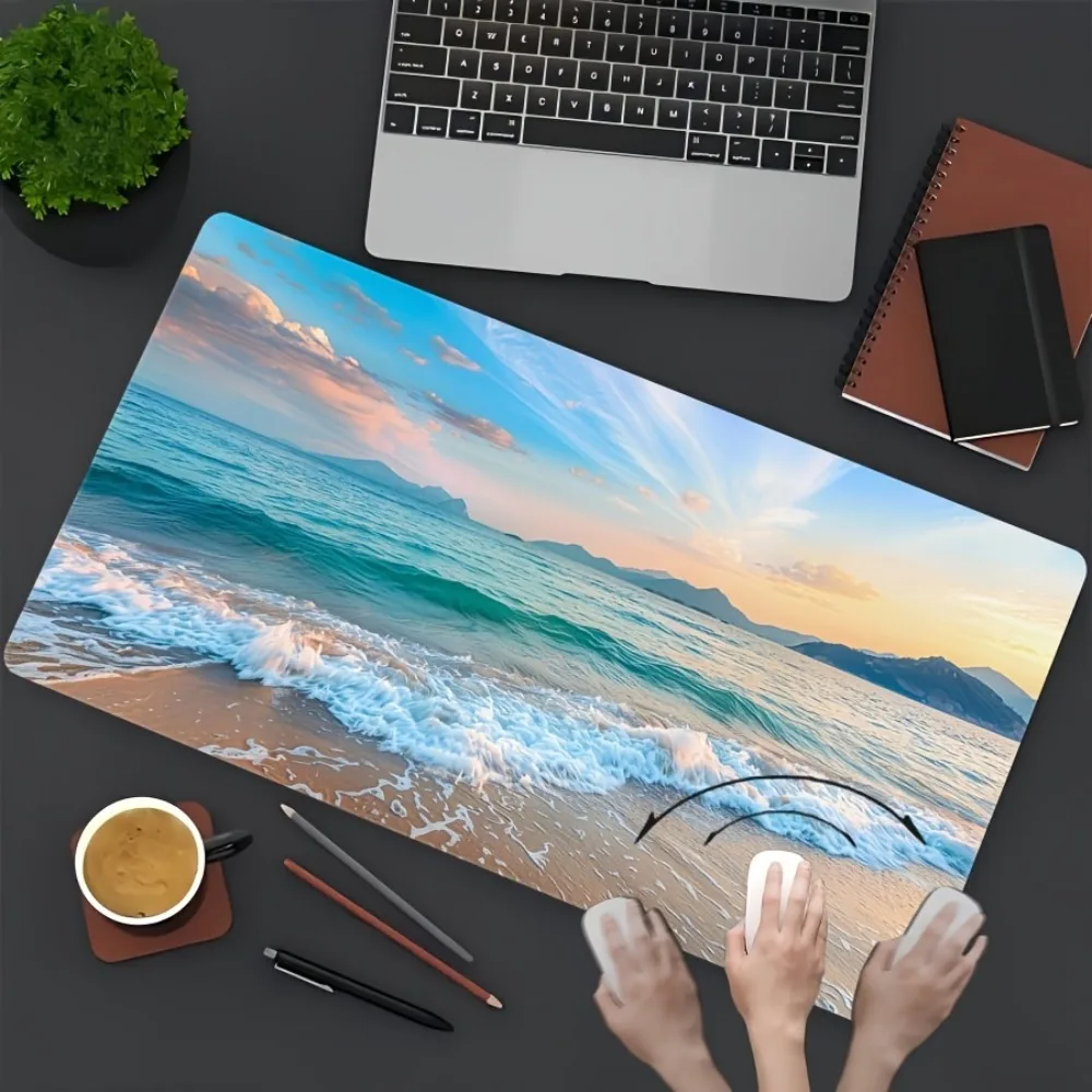 High-definition beach scene mouse pad with vivid ocean and sunset patterns, suitable for work or home office gaming