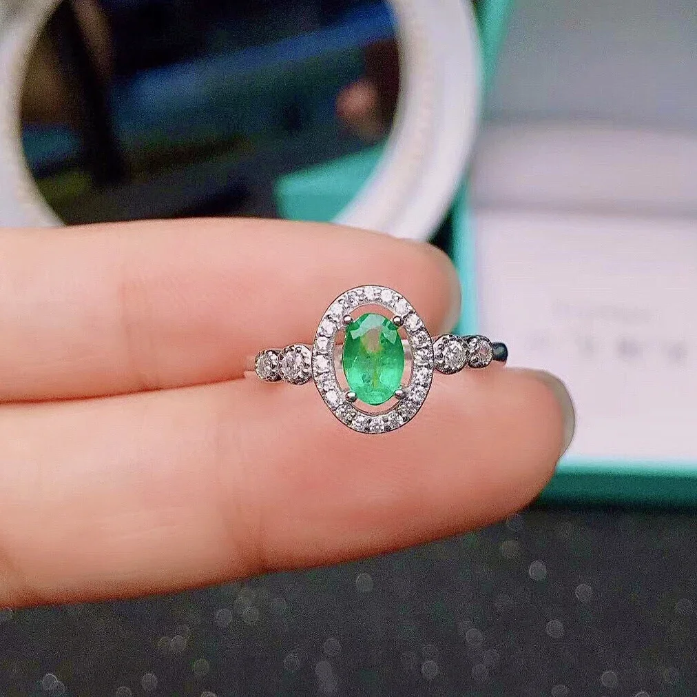 

Classic Engagement Ring for Woman 4mm * 6mm 100% Natural Emerald Ring for Wedding 925 Sterling Silver Emerald Jewelry