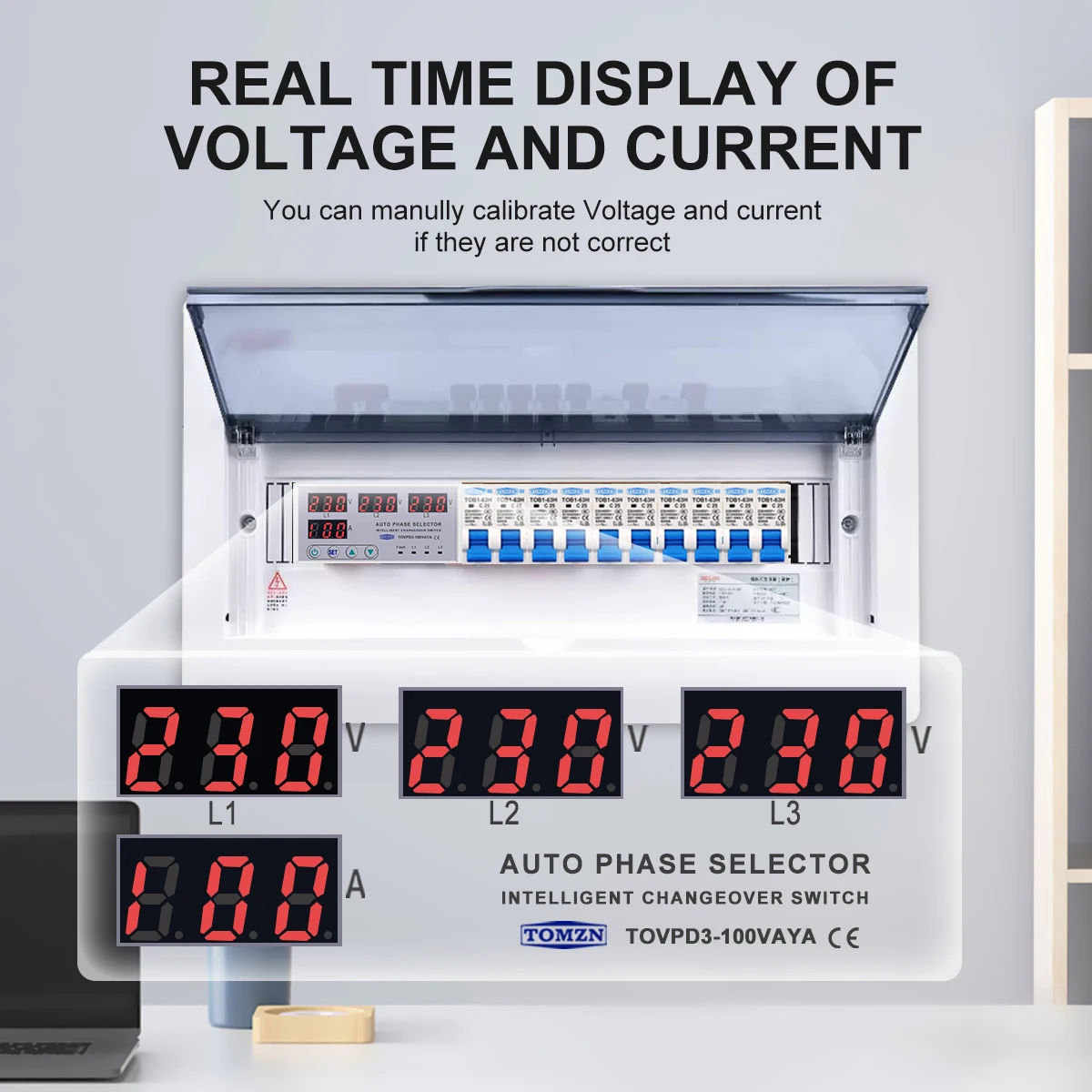 100A TOMZN 3 phase 3P+N Din rail phase selector adjustable Over and Under Voltage current protection Monitor Relays Protector