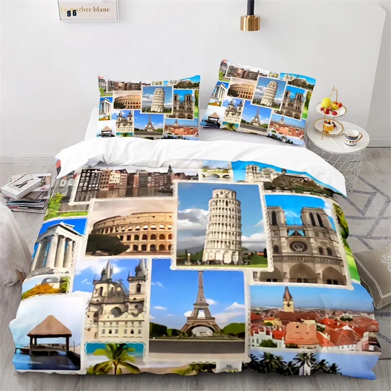 Paris Building King Duvet Cover Microfiber Eiffel Tower Bedding Set France Cityscape Quilt Cover For Child Teen Boys Room Decor