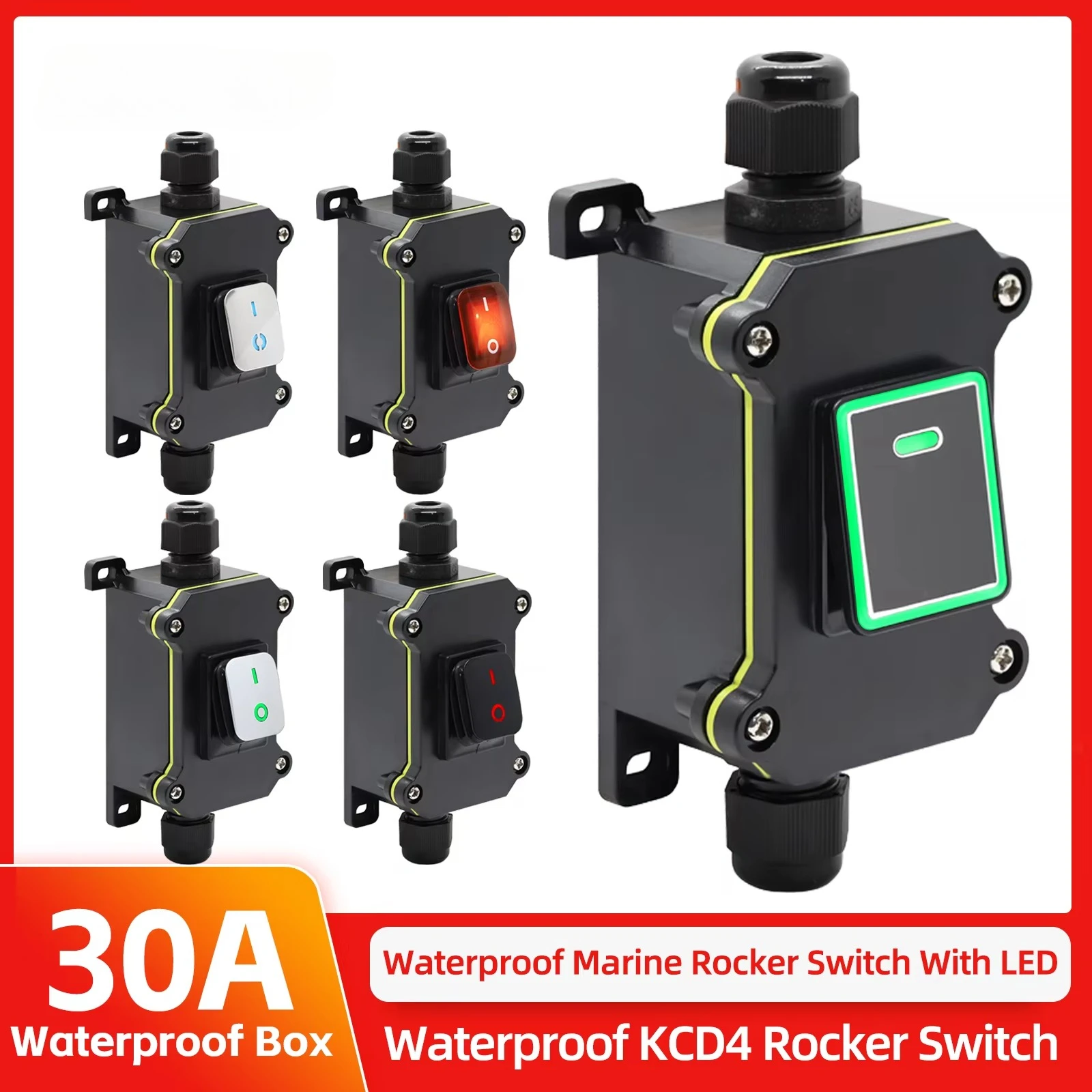 30A 12V 24V 220V Waterproof Inline Toggle Switch with LED IP65 Sealed Outdoor Box Inline Cord Rocker Switch Power