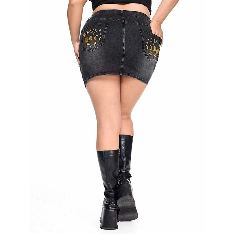 Big Size Summer Girls Thin Denim Skirt Lady Chic Star Moon Printed High Waist A-line Skirts Women Retro Fashion Jeans Mini Skirt