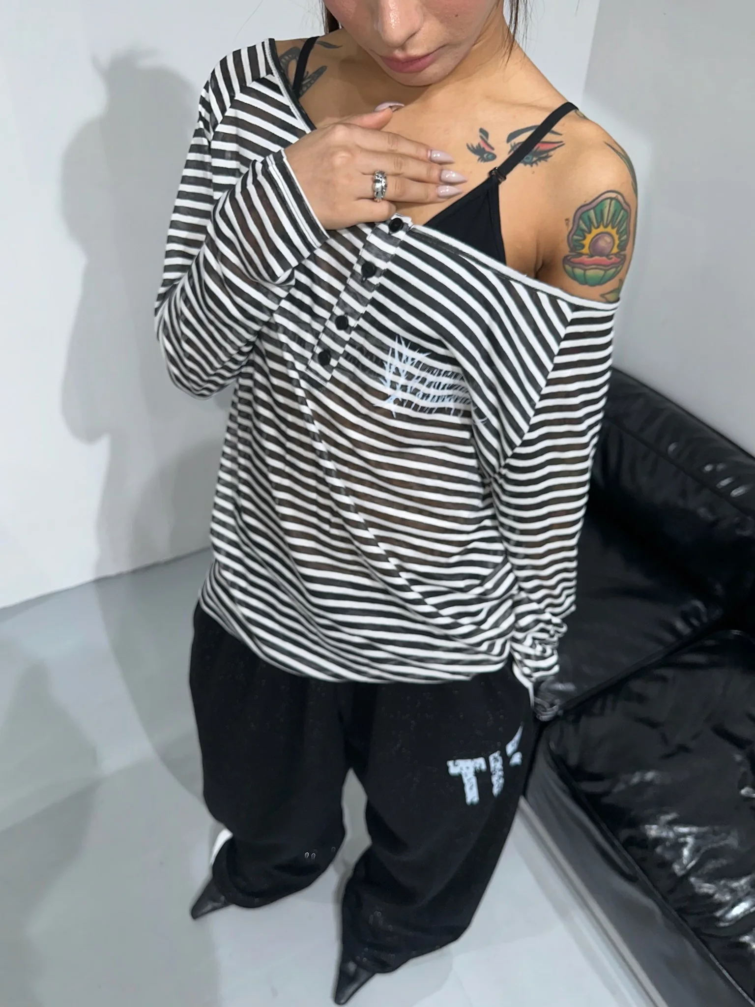 

Футболка в полоску с объемным плечом Lazy Sle, свободная хлопковая длинная женская одежда для поездок на работу, увлажняющая ng, стандартная длина