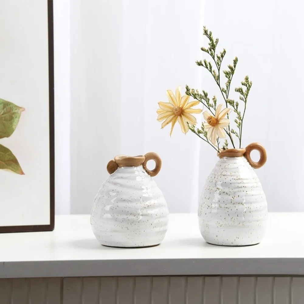 Floral Embossed Polka Dots Ceramic Vase Luxury Retro Tableware Storage Jars with Handle Farmhouse Style Flower Ware