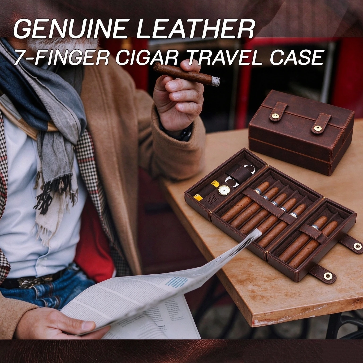 Double Open Full Grain Leather Cigar Case 7-Cigar Travel Cigar Humidor with Hygrometer & Cutter Slot Men Smoking Gift Cigar Box