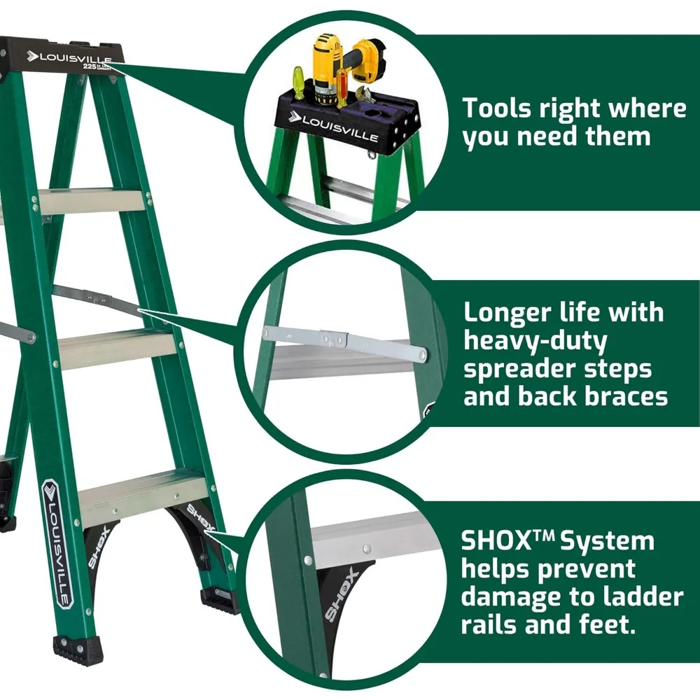 Escalera de fibra de vidrio de 4 pies de Escalera Louisville, capacidad de carga de 225 libras, tipo II, modelo FS4004