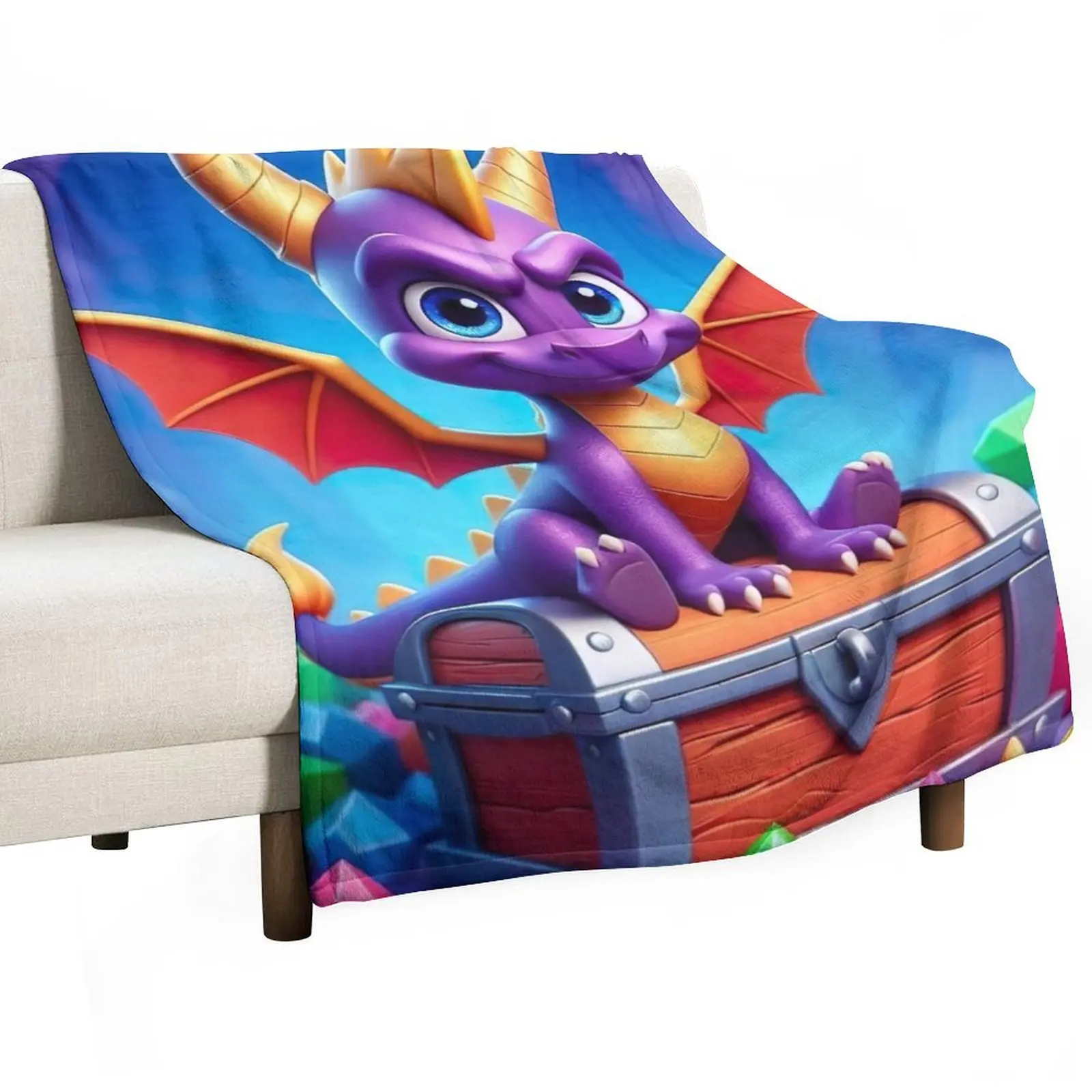 Chibi Spyro's Hoard - Adorable Guardian of Gemstone Treasure Throw Blanket Hairy Weighted For Baby Blankets