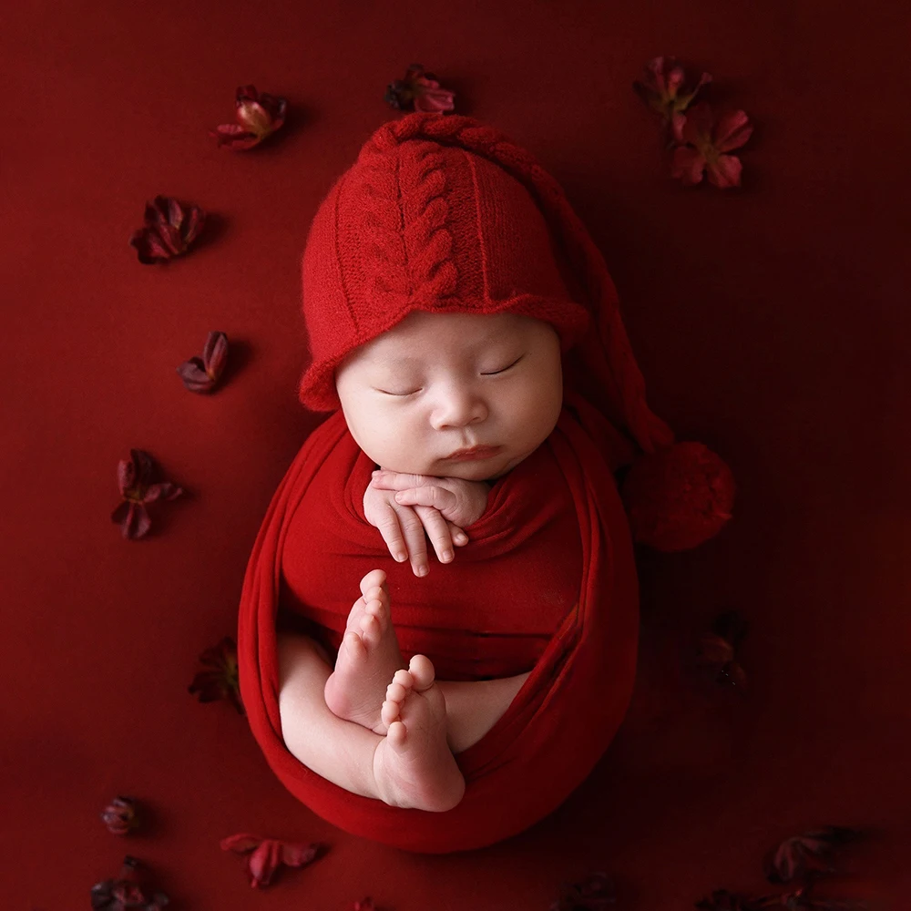 Properti fotografi bayi, aksesori fotografi bayi baru lahir, bedong pembungkus kepala lembut merenggang, aksesori fotografi bayi tema merah 6 buah/set