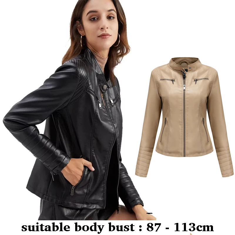 

high quality short leather jacket for women long sleeve with stitch motorcycle jacket 2025 autumn elegant clothing black brown