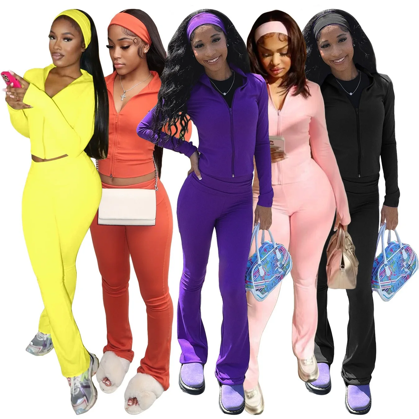 

Women Two Pieces Pant Sets Solid Matching Sets Zipper Long Sleeves Stand Collar Top Elastic Waist Full Length Pants 2026 Autumn