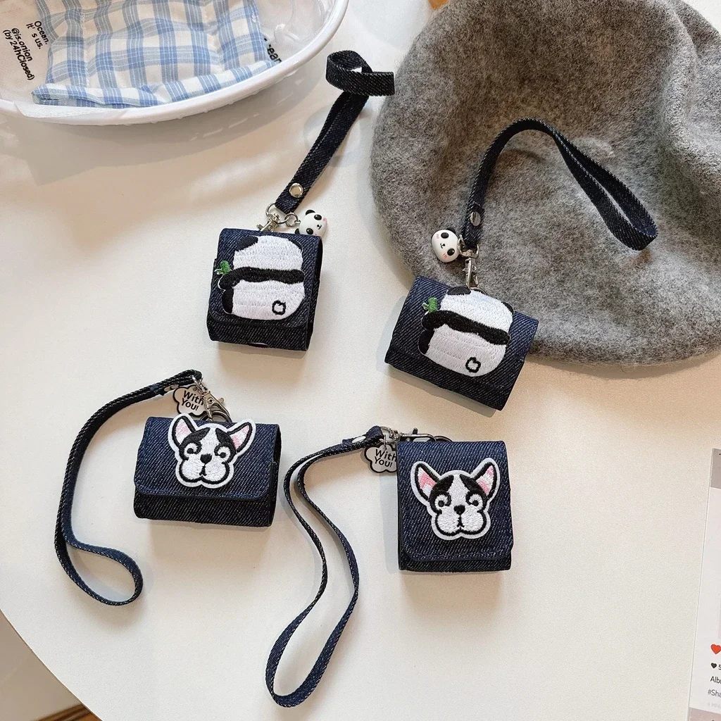 Cartoon Embroidery Dog Panda Cowboy Pattern Leather Lanyard Case Cover for AirPods 1 or 2 3 4 AirPods Pro Pro 2