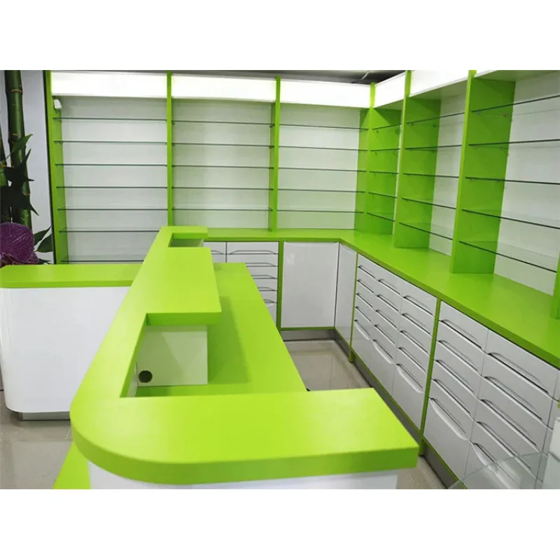 custom.Modern Pharmacy Medical Shop Interior Layout Decoration Design Customized Cash Counter Display Shelves Furniture