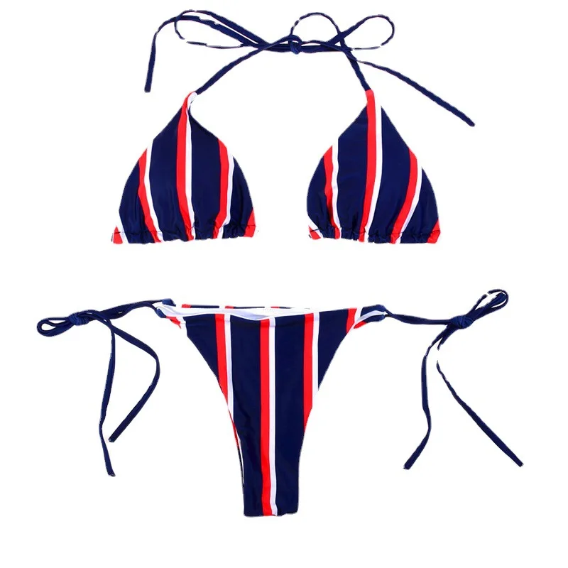 BLACK SWEET New Blue Striped Color Matching Swimsuit Women Bikini Sets Sexy Lace-up Thong Two-piece Swimwear Women Bathing Suit