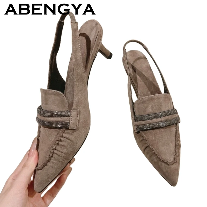 

2025 Summer Pointed Toe Kitten Heels Sandals Women Fashion Office Lady Career Shoes Real Leather Slingbacks Pumps Sandals Mujer