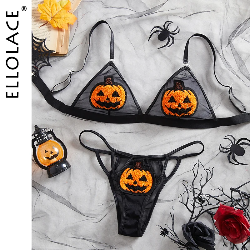 

Ellolace Halloween Lingerie Sexy Women Quacky Pumpkin Lamp Devil Cosplay Bra Brief 2PC Set Luminous Dark Romance Party Costume