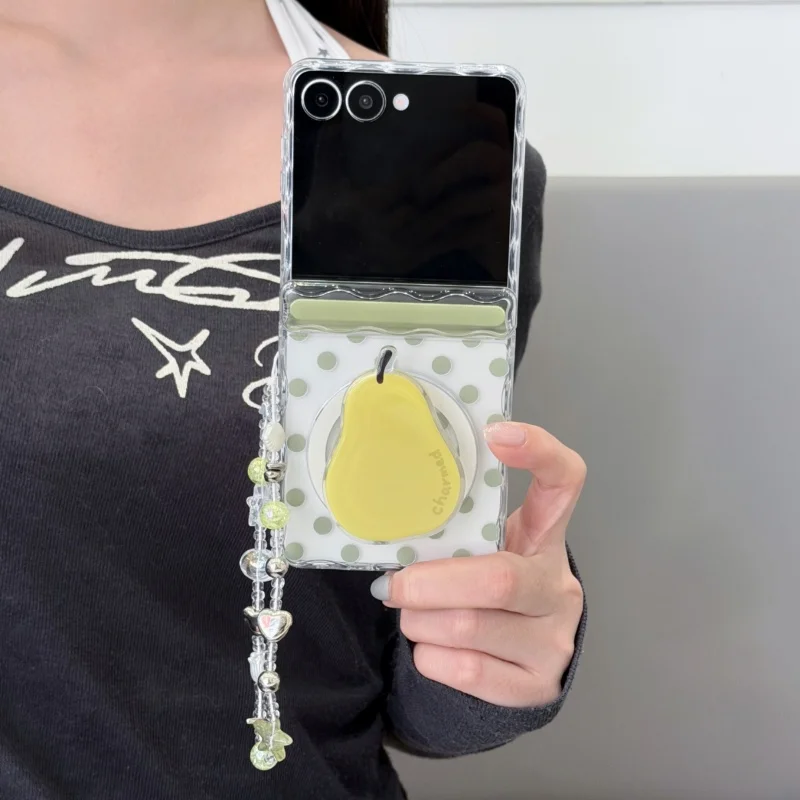 

Clear Polka Dot Magnetic Phone Case For Samsung Galaxy Z Flip 7 6 5 Flip6 Flip7 Cover with Magsafe Stand Holder Chain Cute Cases