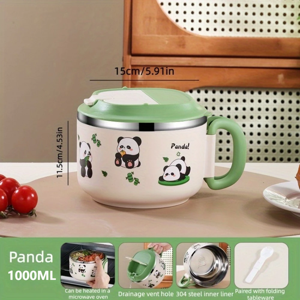 Cute Panda Instant Ramen Noodle Bowl Cartoon 304 Stainless Steel Noodle Bowls with Lid Handle for Udon Miso Thai or Pho Soup