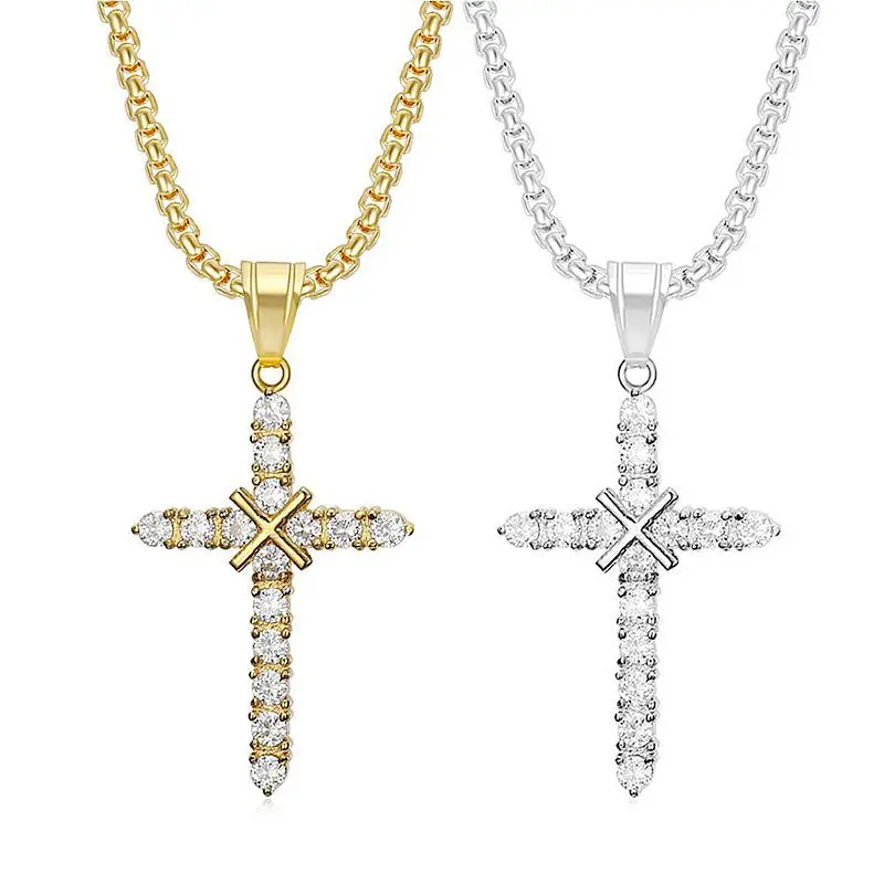 

Hip Hop Prong CZ Stone Bling Ice Out Stainless steel Cross Pendants Necklace for Men Women Rapper Jewelry Gold Silver Color