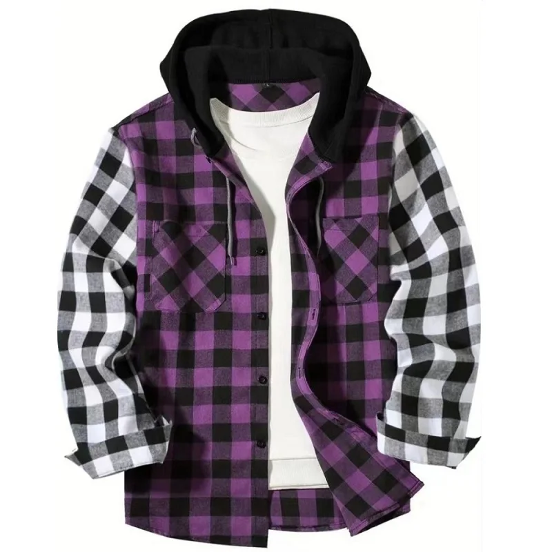 Men Women Color Block Plaid Hooded Patchwork Plaid Shirt Patchwork Plaid Shirts Button Down Long Sleeve Casual Shirts