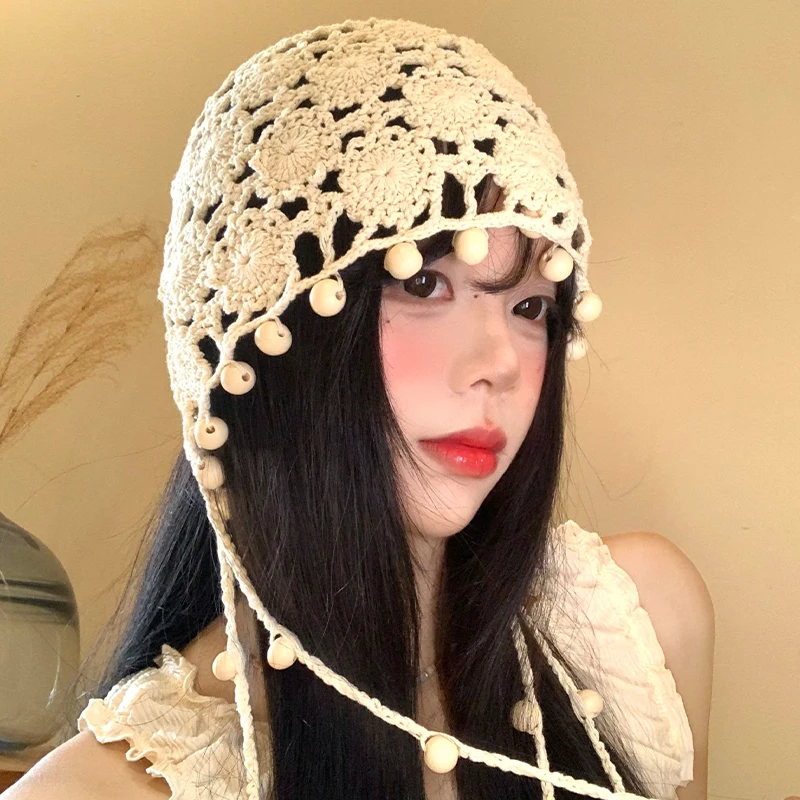

Bohemian Crochet Hollow Beanies for Women Summer Autumn Travel Photo Atmosphere Versatile Sweet Beaded Fringed Pullover Hat