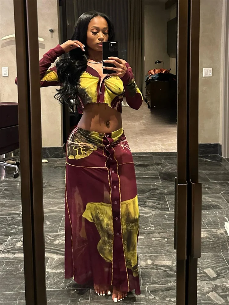 

Weird Puss контрастный лоскутный комплект из 2 предметов, женский кардиган, укороченный топ с длинными рукавами + однобортные юбки с разрезами, уличные элегантные костюмы