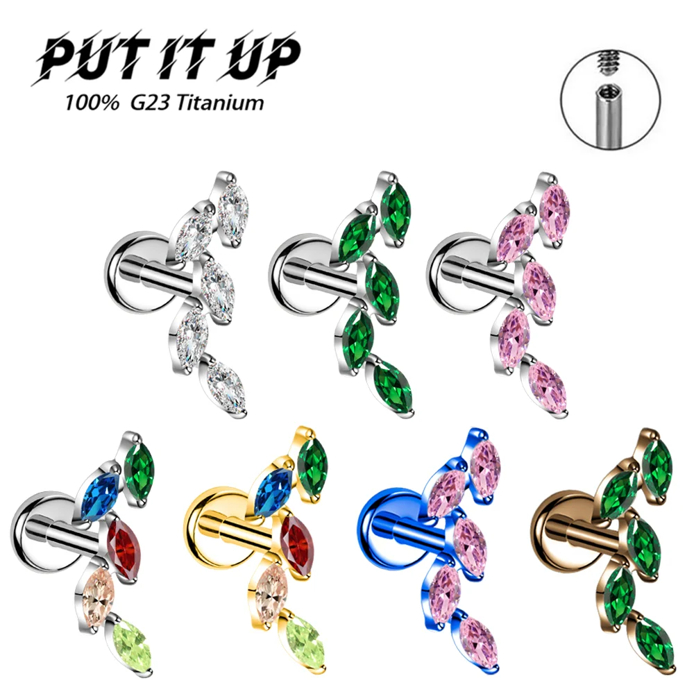 

ASTM F136 Titanium Alloy Zirconia Willow Leaf Stud Earrings Fashion Anodized Ear Cartilage Lip Stud Body Piercing Jewelry